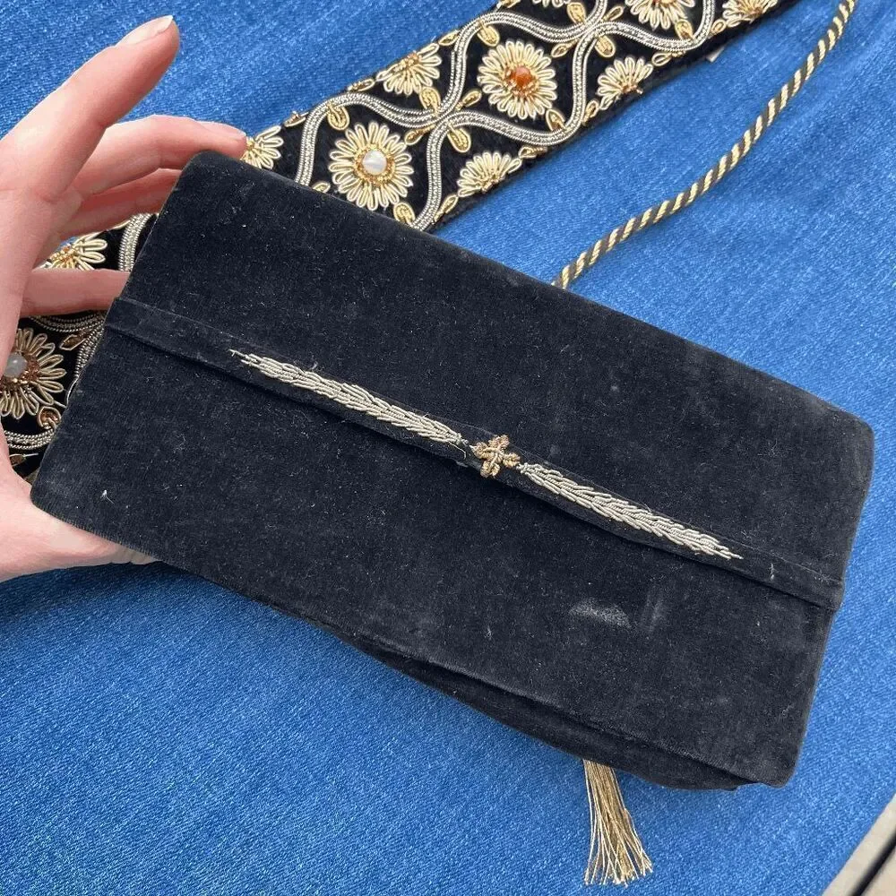 Vintage Hand-Embroidered Velvet Evening Clutch Made in India | Black & Gold